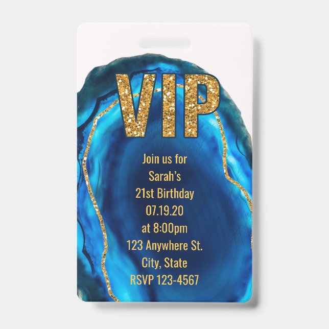 Geode Agate Blue Gold Birthday VIP Pass Invitation ID Badge (Front)