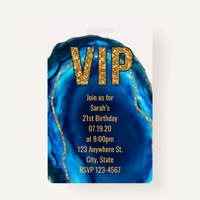Geode Agate Blue Gold Birthday VIP Pass Invitation ID Badge (Front)