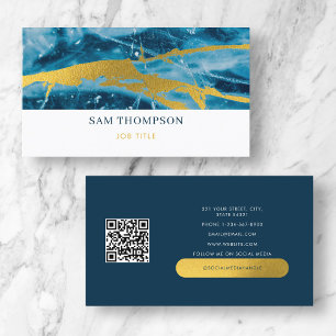 Geode Agate Blue Gold Social Media QR Code Business Card