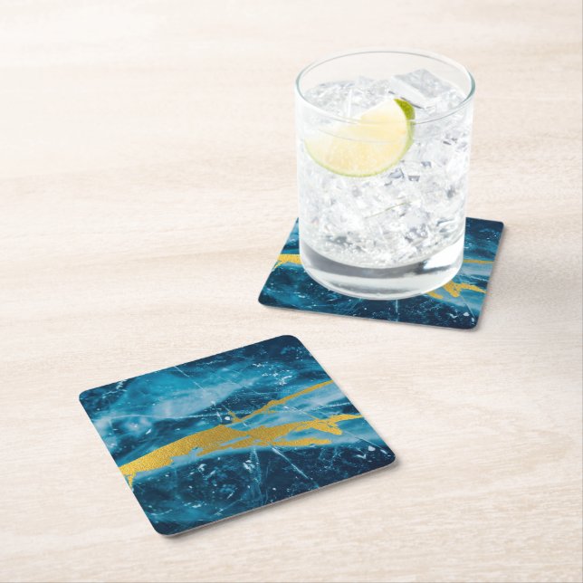 Geode Agate Gemstone Blue and Gold Square Paper Coaster (Insitu)