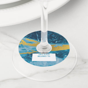 Geode Agate Gemstone Blue and Gold Wine Glass Tag