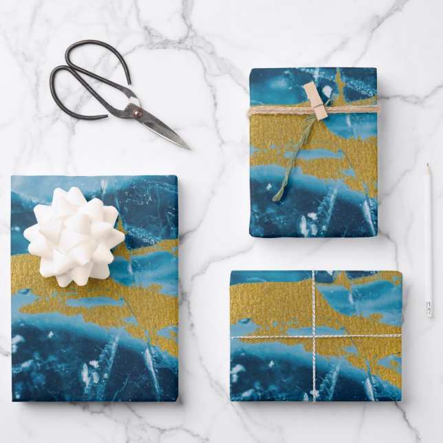 Geode Agate Gemstone Blue and Gold Wrapping Paper Sheet (Front)