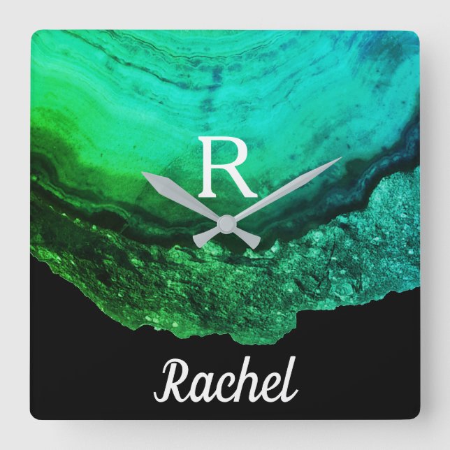 Geode Agate Monogram Initials Name Template Green Square Wall Clock (Front)