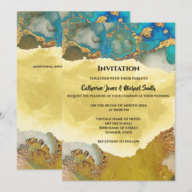 Geode faux gold blue crystal watercolor chic agate invitation (Front/Back)