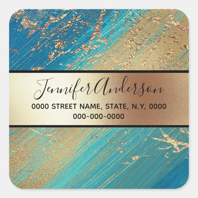 Geode faux gold metallic shimmer marble blue square sticker (Front)