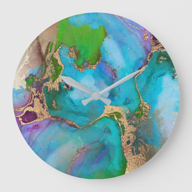 Geode faux gold peacock colours agate gemstone large clock (Front)