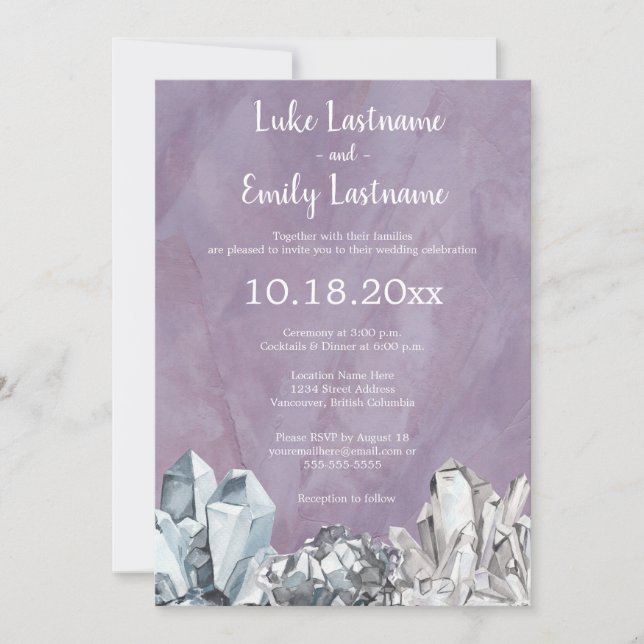 Geode & Gemstones in Purple Watercolour Wedding Invitation (Front)