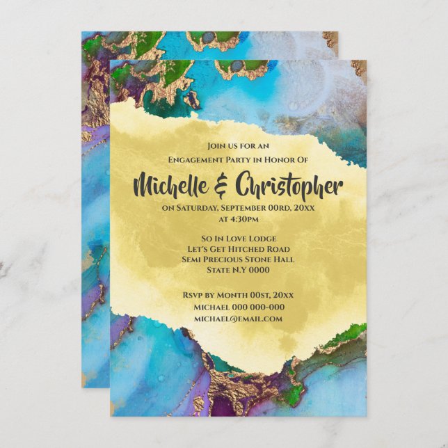 Geode peacock abstract agate colours modern chic invitation (Front/Back)