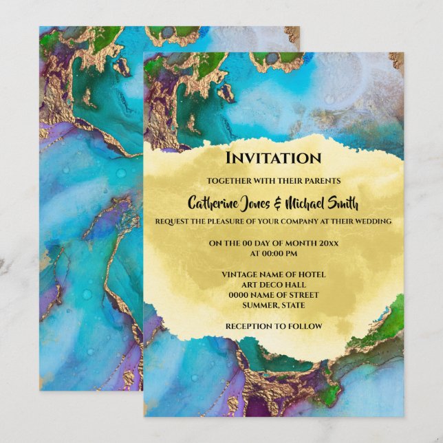 Geode peacock colours abstract agate modern chic invitation (Front/Back)