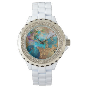 Geode peacock colours faux gold blue agate marble watch