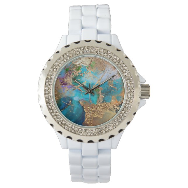 Geode peacock colours faux gold blue agate marble watch (Front)