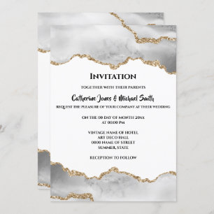 Geode watercolor faux gold white agate elegant invitation