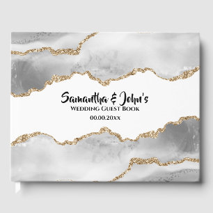 Geode white agate watercolor faux gold chic guest book