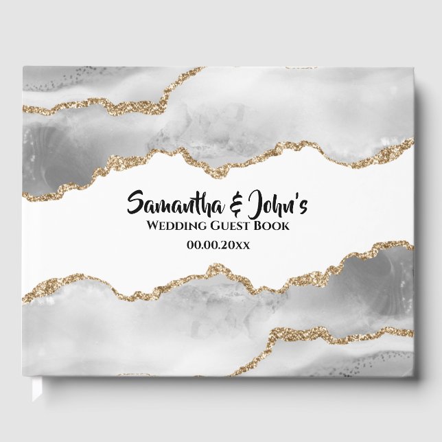 Geode white agate watercolor faux gold chic guest book (Front)
