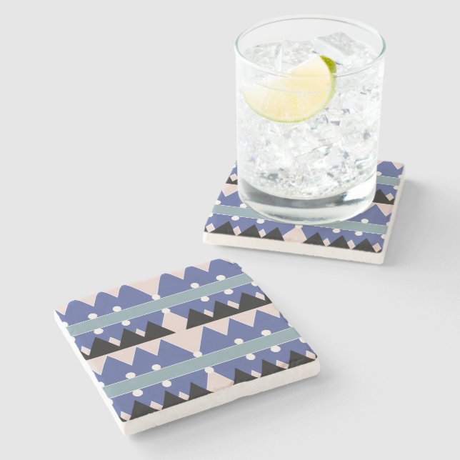 Geoemetric Blue Pink Black Teal Pattern Stone Coaster (Side)