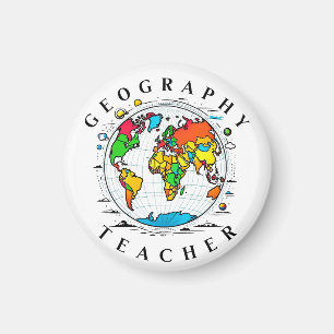 Geography Teacher Round Badge with Colorful Globe Magnet