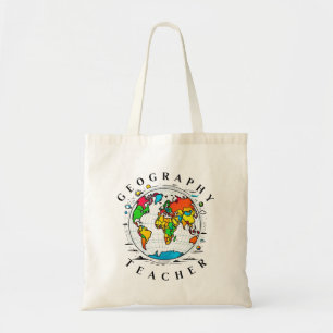 Geography Teacher text with Colorful Globe Graphic Tote Bag