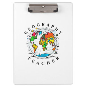 Geography Teacher with Colorful Globe Graphic Clipboard