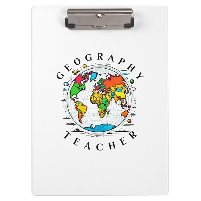 Geography Teacher with Colorful Globe Graphic Clipboard (Front)