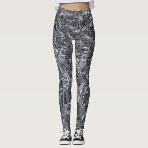 Geologic marine life motif black and white print leggings