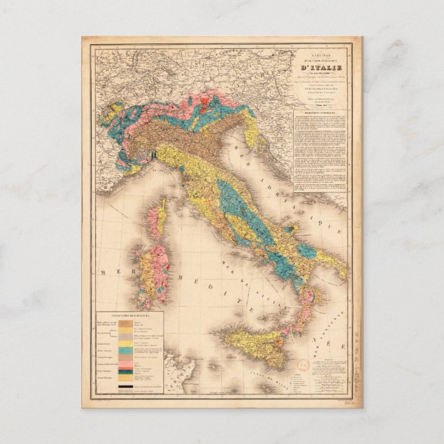 Geological Map of Italy by H. de Collegno (1844) Postcard (Front)