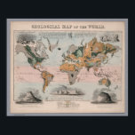 Geological Map of the World Poster<br><div class="desc">Hand coloured engraved geological map from 1850. Drawn & Engraved by John Emslie. Published by James Reynolds,  174,  Strand. London. Includes the Polar Regions,  Coral Reefs,  Island of Cyclps Mediterranean,  Barren Island,  Bay of Bengal,  Cape Pillar,  Van Dieman's Land.</div>