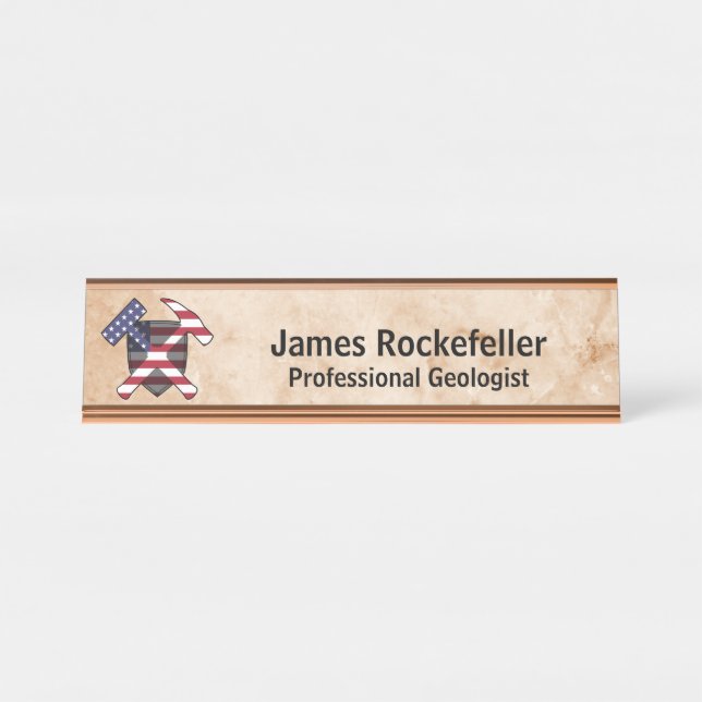 Geologist's Rock Hammer Logo (USA) on Marble Print Desk Name Plate (Front)
