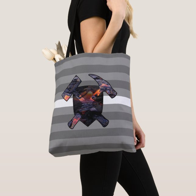 Geologist's Rock Hammer Logo w/ Volcanic Lava Flow Tote Bag (Close Up)