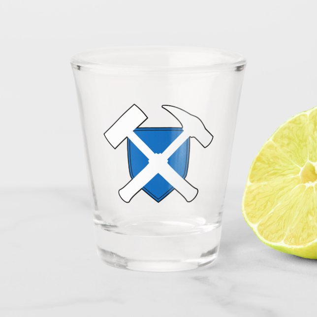 Geologist's Rock Hammer Logo with Flag of Scotland Shot Glass (Front)