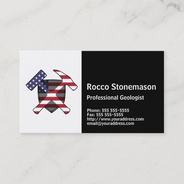Geologist's Rock Hammer Logo with USA Flag Business Card (Front)
