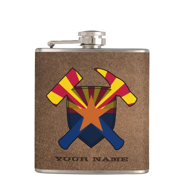 Geologist's Rock Hammer Shield- Arizona Flag Hip Flask (Front)