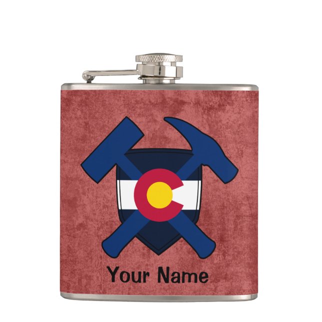 Geologist's Rock Hammer Shield- Colorado Flag Hip Flask (Front)