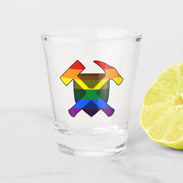 Geologist's Rock Hammer Shield- LGBT Rainbow Flag Shot Glass (Front)