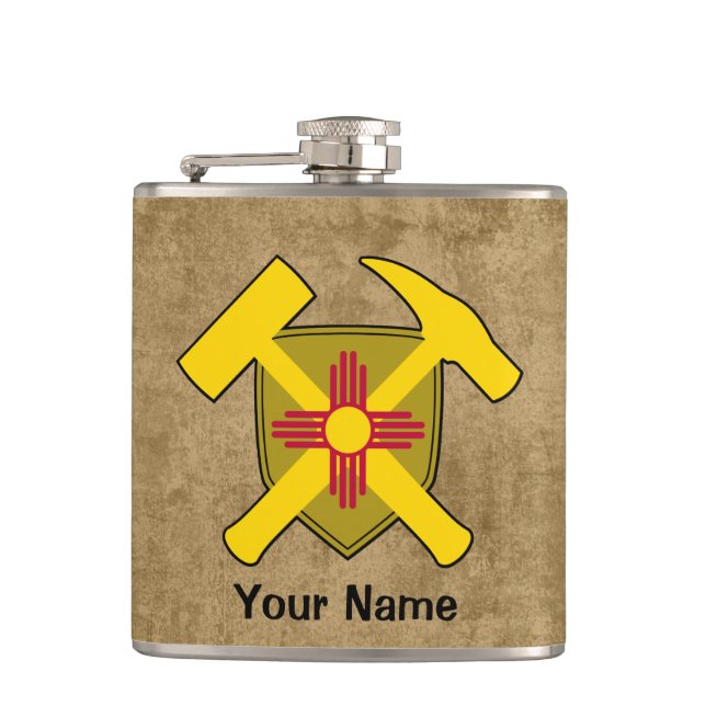 Geologist's Rock Hammer Shield- New Mexico Flag Hip Flask (Front)