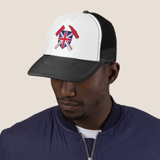 Geologist's Rock Hammer Union Jack Logo Trucker Hat (In Situ)