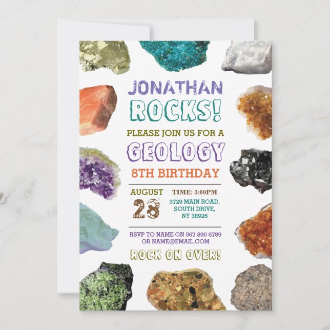 Geology Birthday Party Rocks Gems Crystals Invite (Front)
