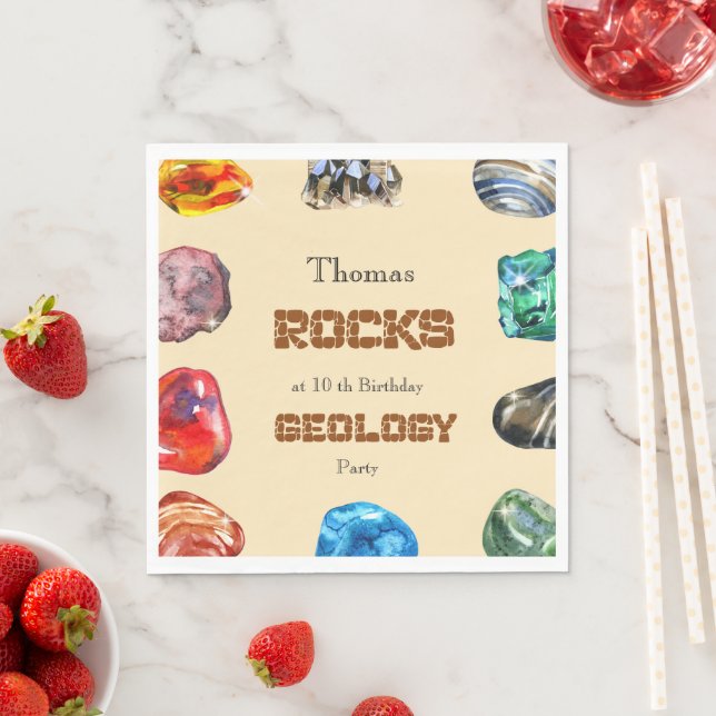 Geology birthday party rocks gemstone napkin (Insitu)