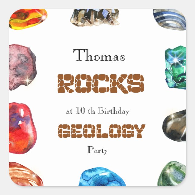 Geology birthday party rocks gemstone square sticker (Front)