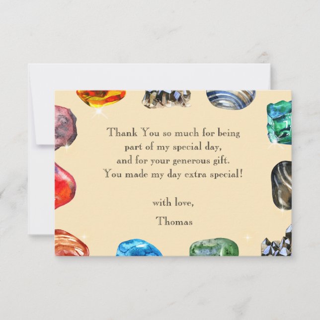 Geology birthday party rocks gemstone thank you card (Front)