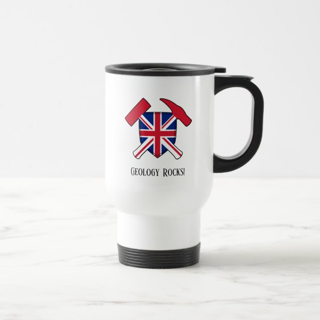 "Geology Rocks" British Flag Rock Hammer Logo Travel Mug (Right)