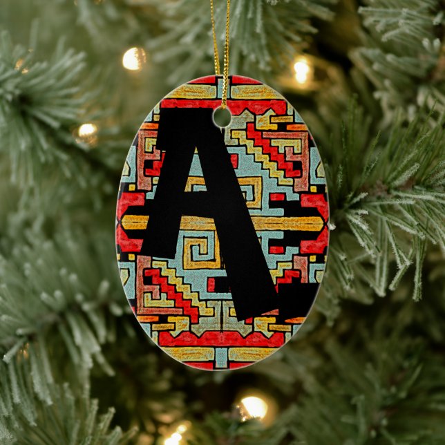 Geomethric Tribal/Ethnic Pattern & Initials Ceramic Tree Decoration (Tree)