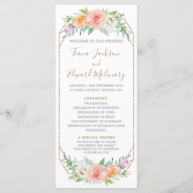 Geometri Watercolor Flowers Wedding Program Programme (Front)