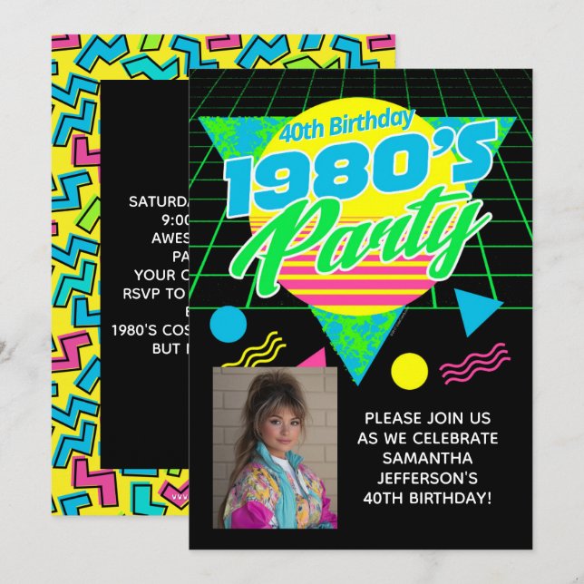 Geometric 1980s 80s 40th Photo Birthday Party Invitation (Front/Back)
