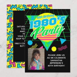 Geometric 1980s 80s 40th Photo Birthday Party Invitation