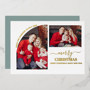 Geometric 2 Photo Modern Minimalist Christmas Blue Foil Holiday Card