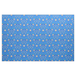 geometric 6-point white flowers on blue fabric