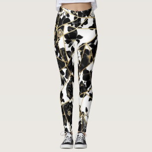 Geometric Abstract Black Floral Gold Triangles Leggings