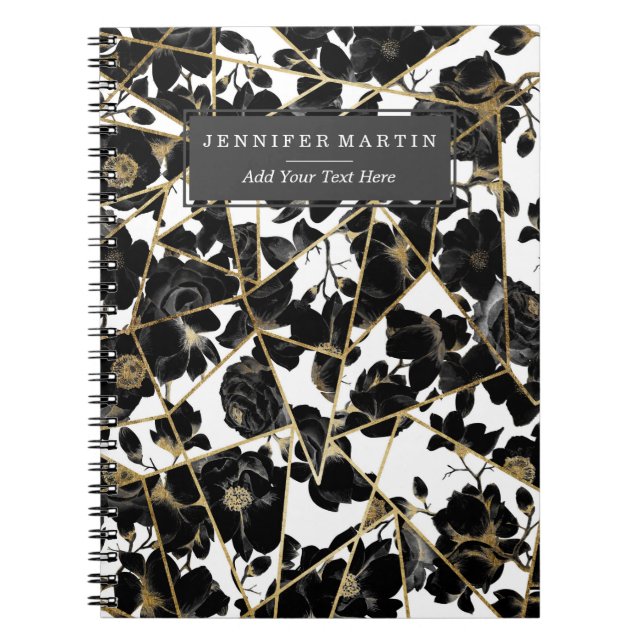 Geometric Abstract Black Floral Gold Triangles Notebook (Front)
