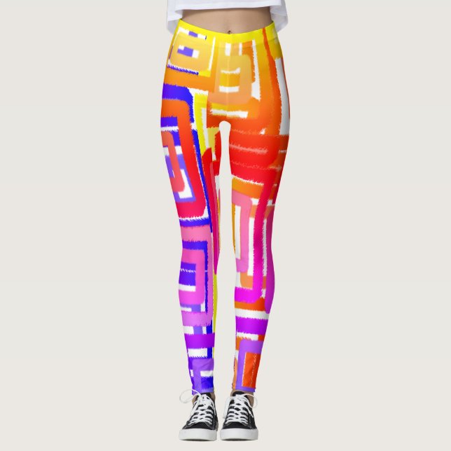 Geometric Abstract Blocks Pink Yellow Purple Red Leggings (Front)