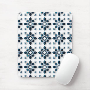 Geometric Abstract Design in Blue and White Mouse Mat